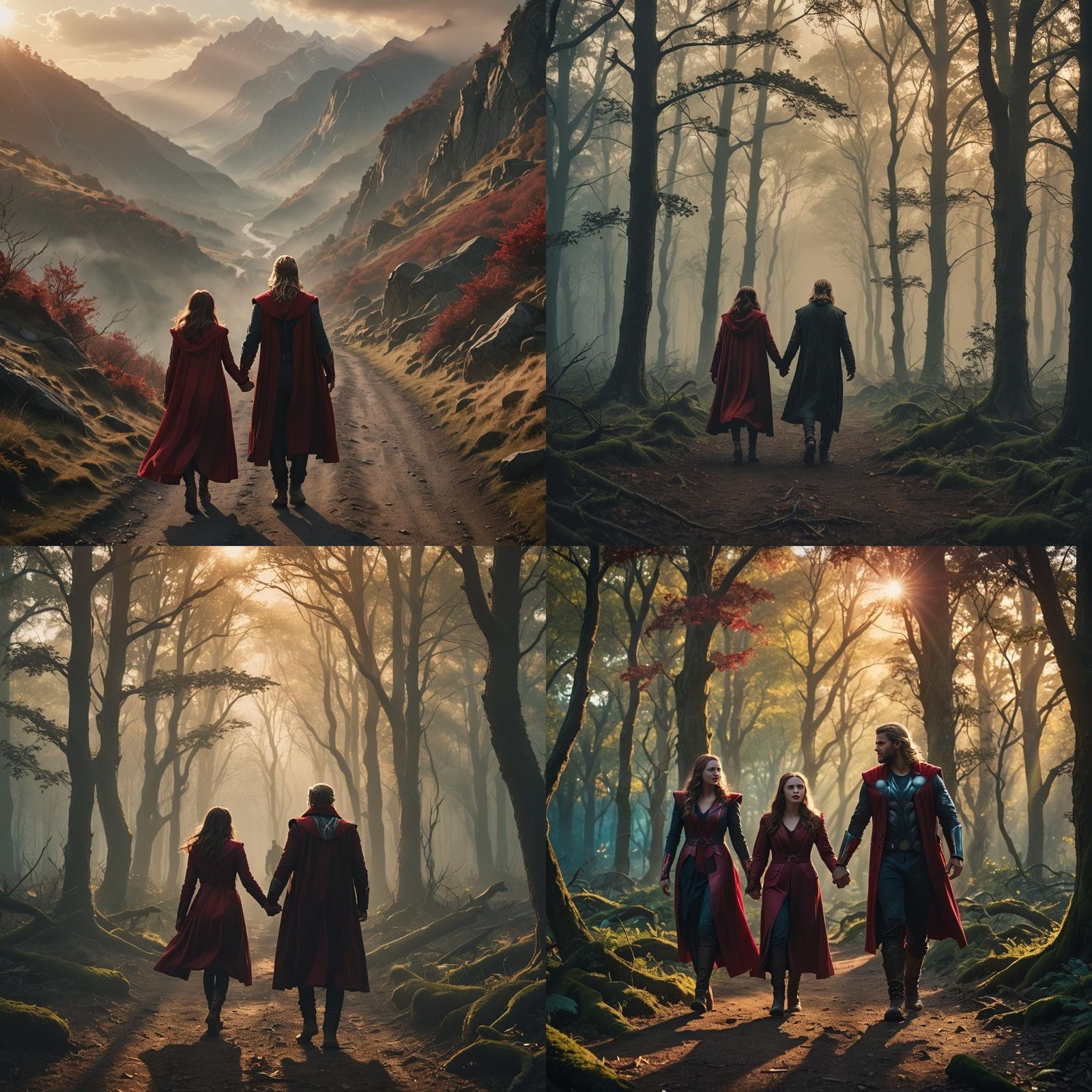 Scarlet Witch and Thor Hand-in-Hand: Cinematic Film Still
