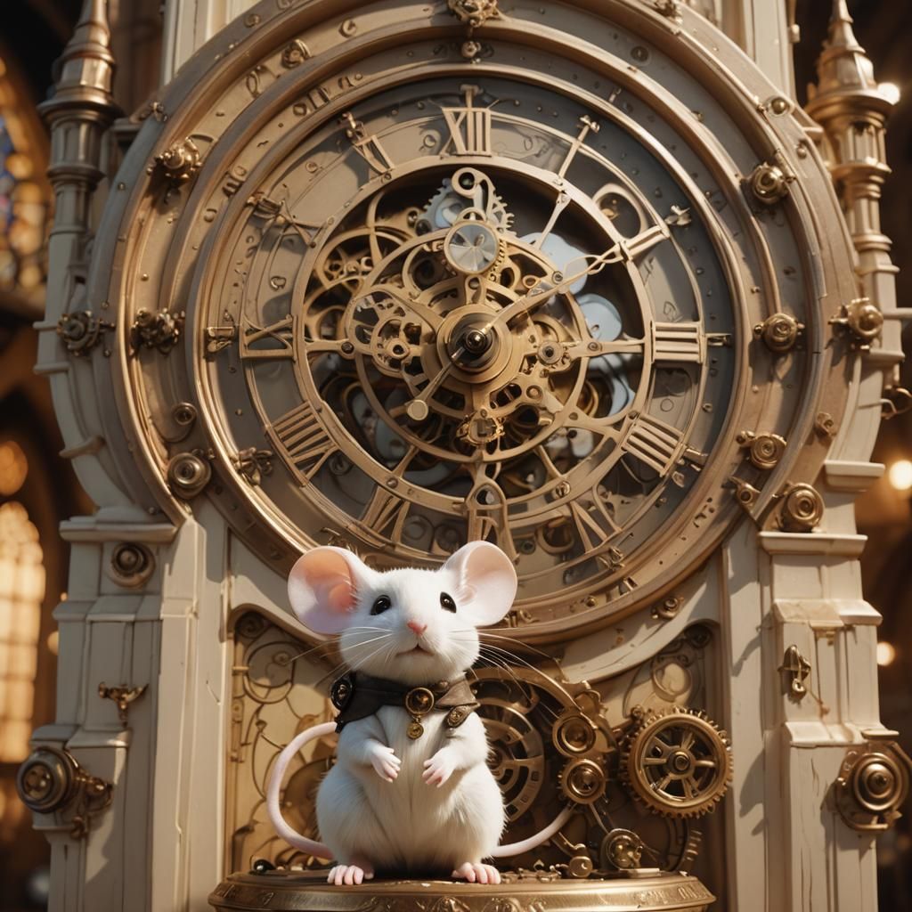 Steampunk Mouse Gazing at Clock in Cinematic Style
