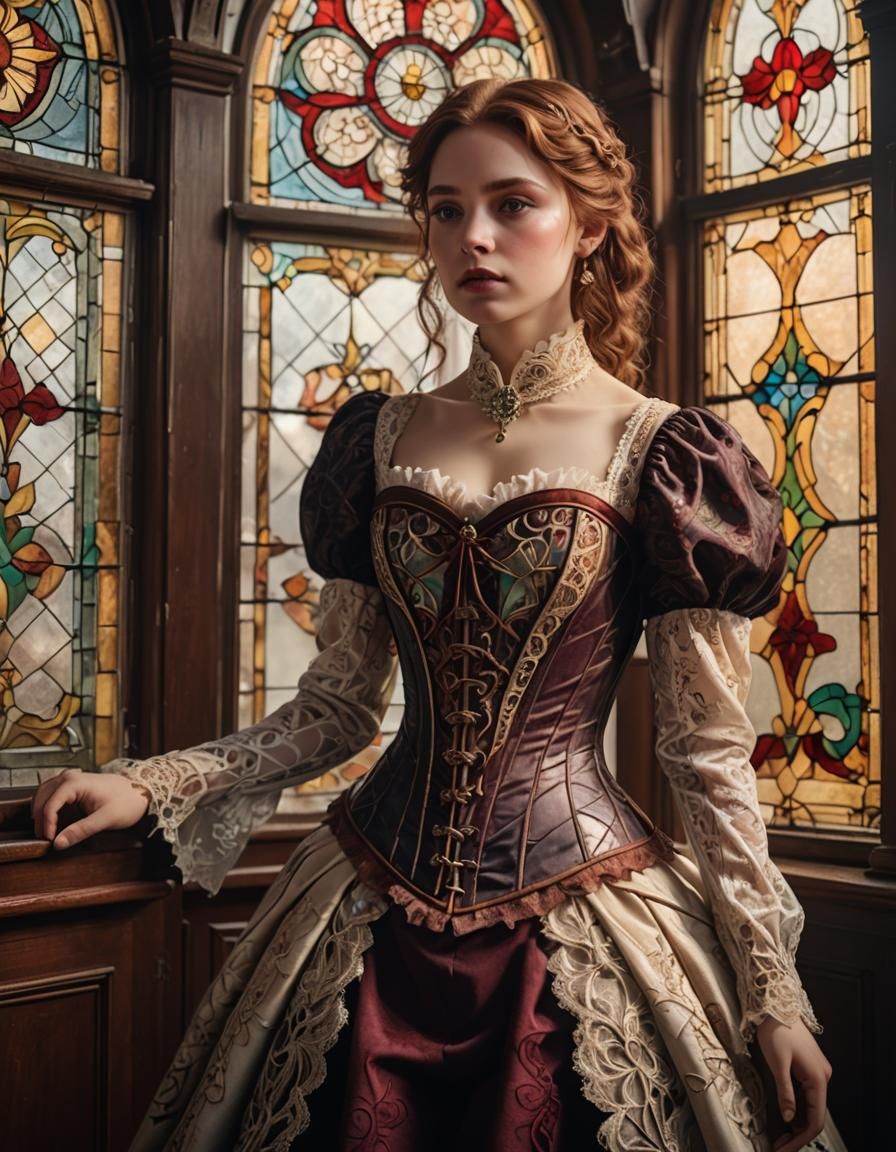 A girl standing in front of the enamel glass window