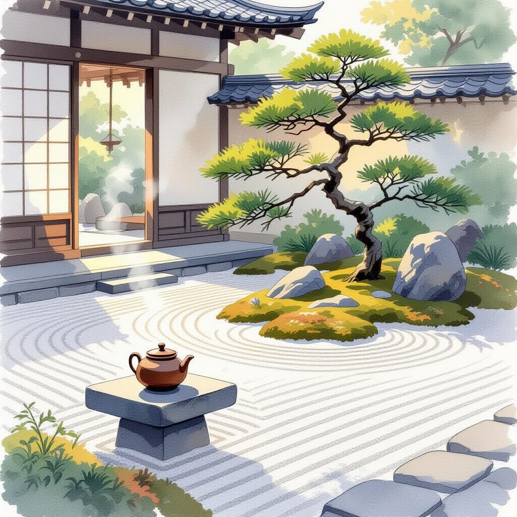 Tranquil Japanese Zen Garden at Dawn in Watercolor Style