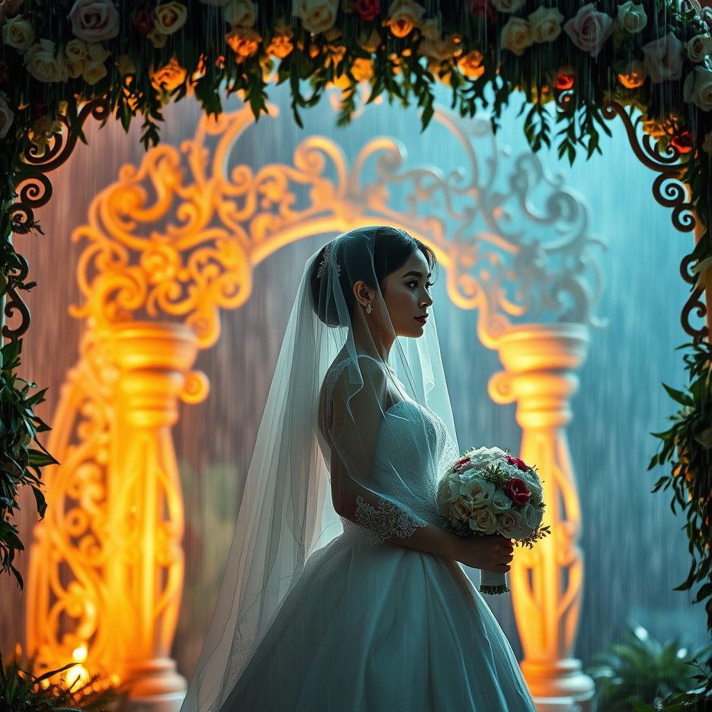 Bride in Torrential Rain Under Floral Arch