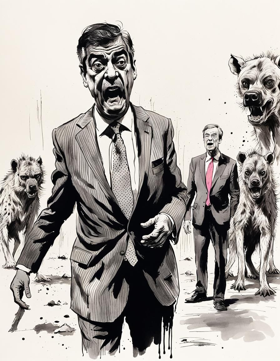 Chaotic Ink Sketch: Sunak Threatened by Hyenas