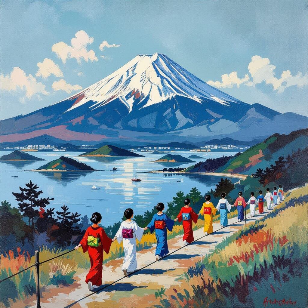 Mount Fuji Rope Walkers in Neo-Impressionist Style