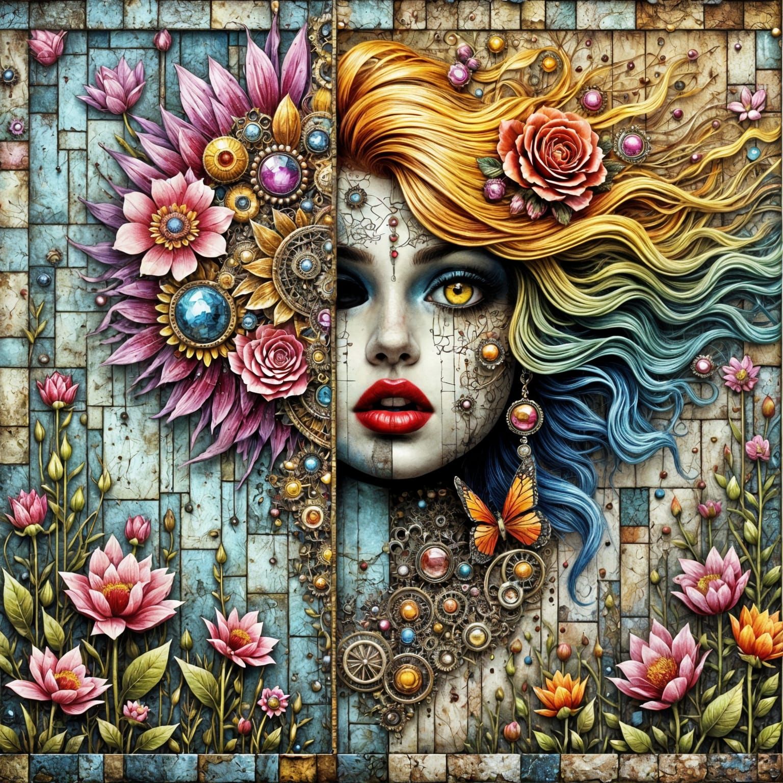 Vibrant Fairytale Mosaic on Textured Paper