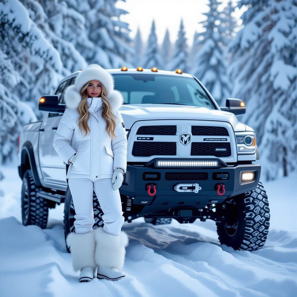 Winter Serenity: Woman and Dodge Power Wagon