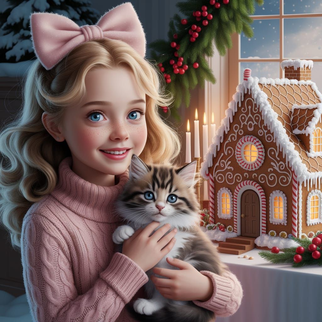 Charming Girl with Kitten and Gingerbread House