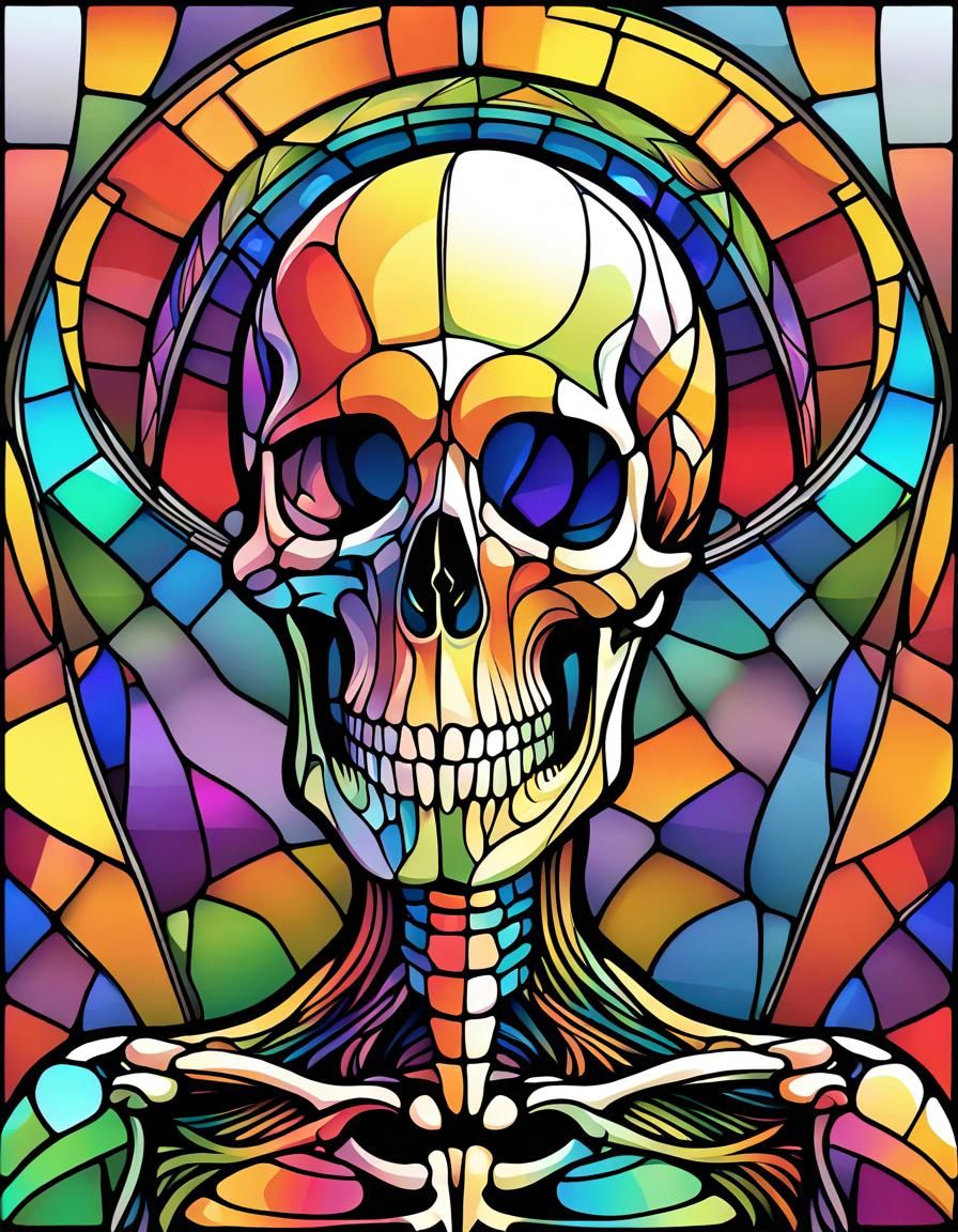 Rainbow Stained Glass Skeleton in Abstract Vector Style