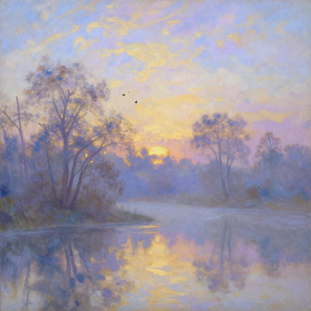 Tranquil Dawn Landscape in Luminous Impressionistic Style