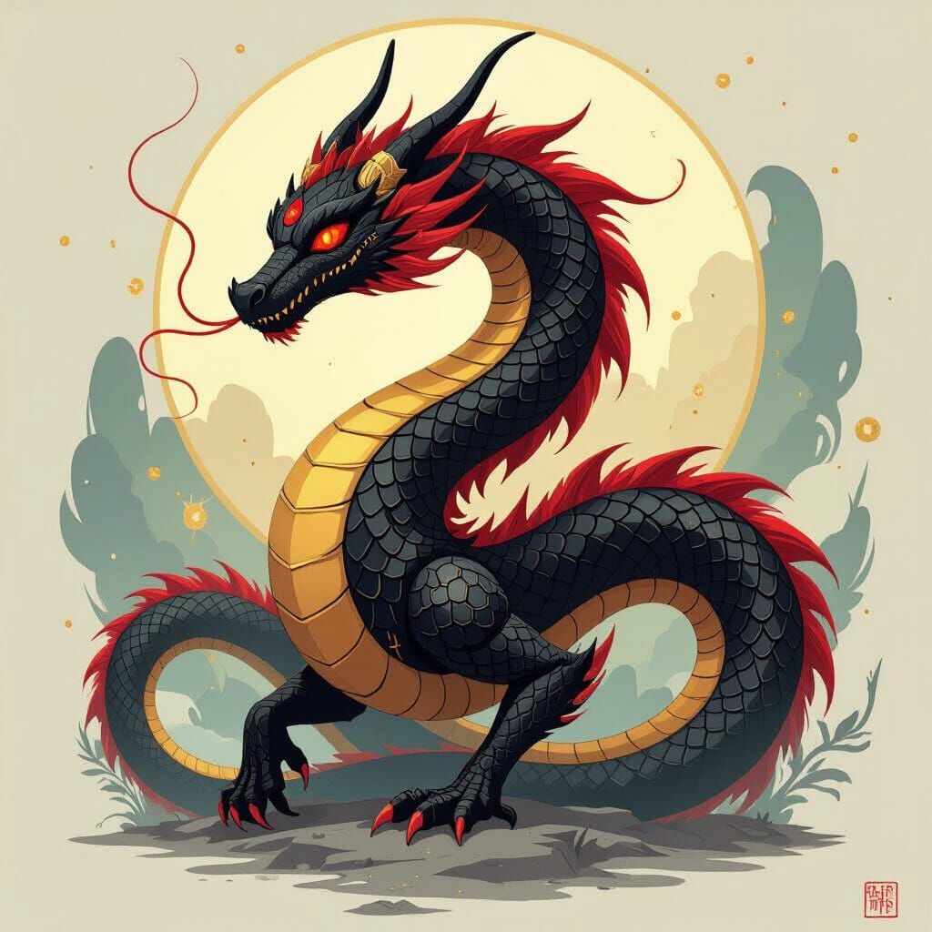 Mystical Black and Gold Dragon in Biomechanical Style