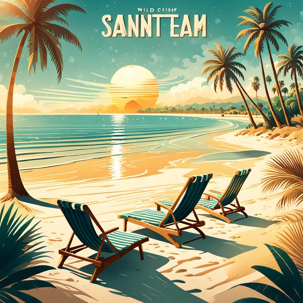 Retro Seaside Resort Travel Poster in Watercolor Style