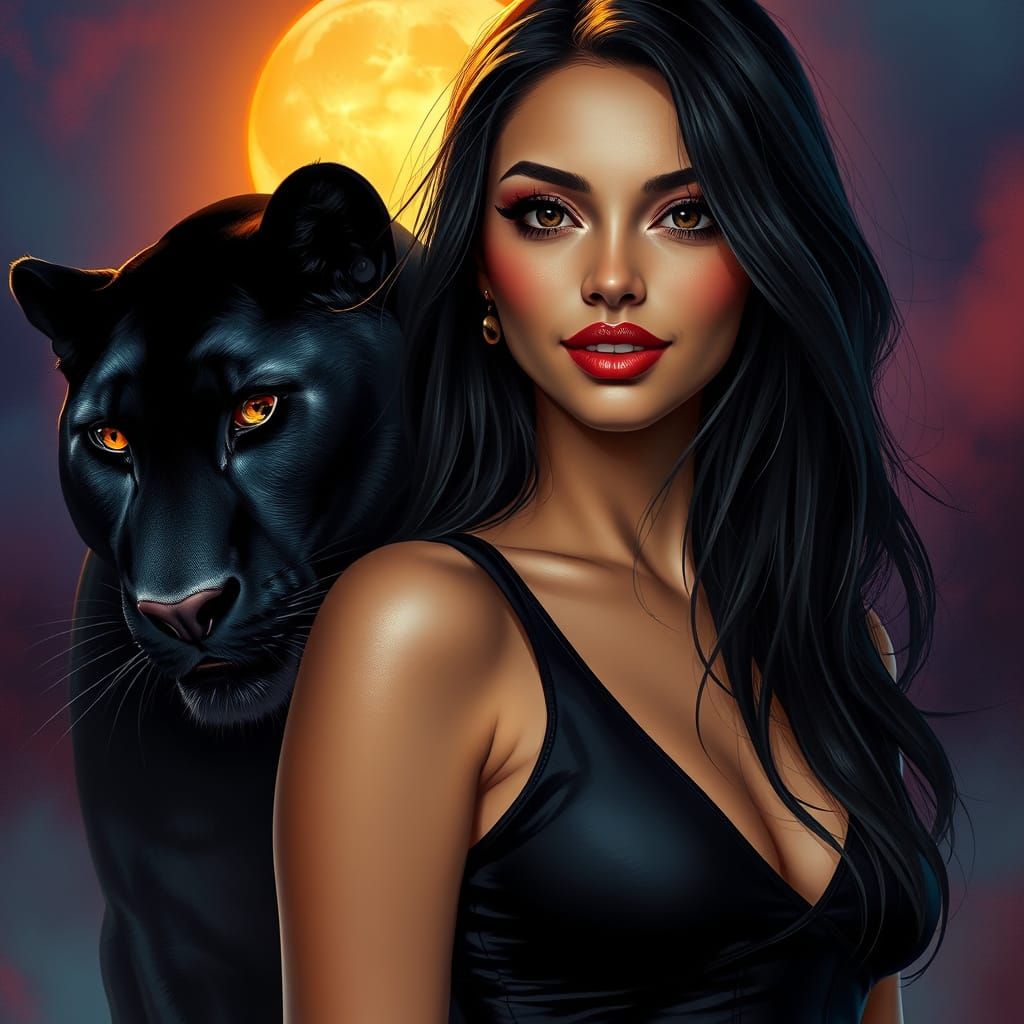 Stunning Young Woman with Black Panther in Hyper-Realistic P...