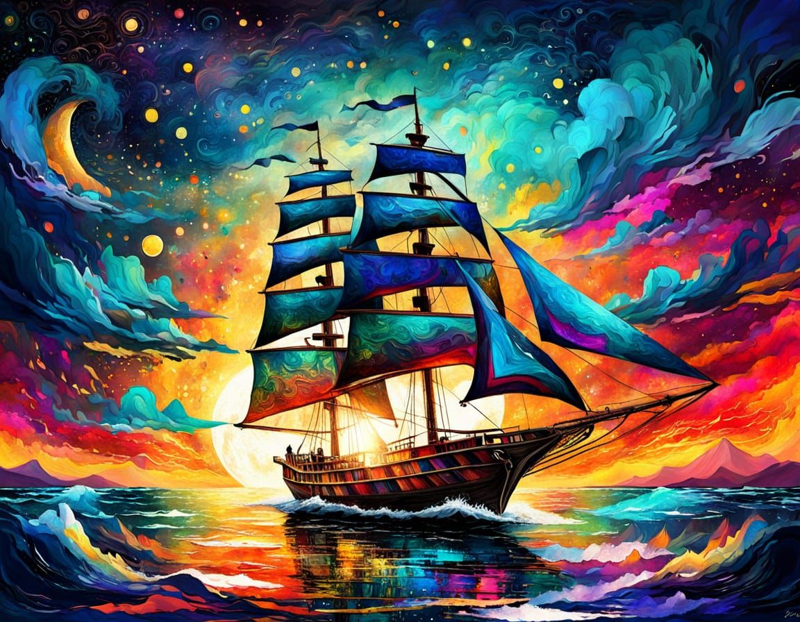 Epic Sailboat Concept Art at Sunset in Mixed Media Style
