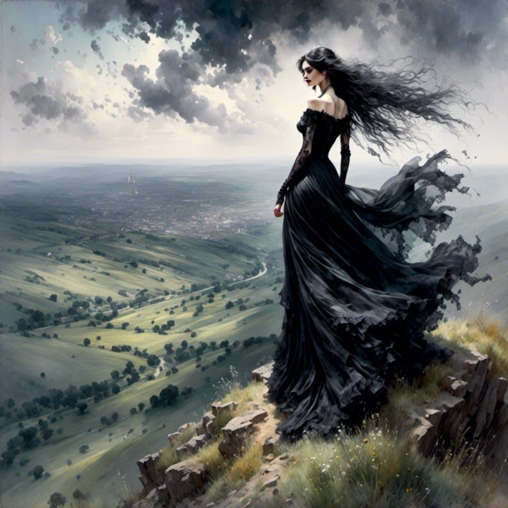 Gothic Woman in Flowing Dress: Watercolor Painting