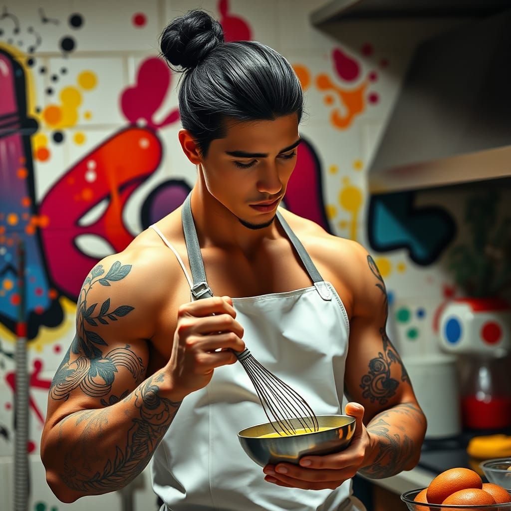 Muscular Man Whisking Eggs, Graffiti Art CGSociety Style