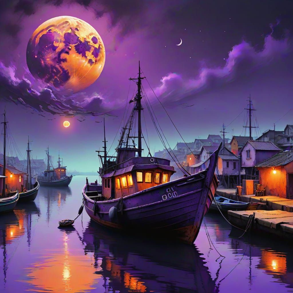 Vaporwave orange purple moon close up purple fishing boat in...