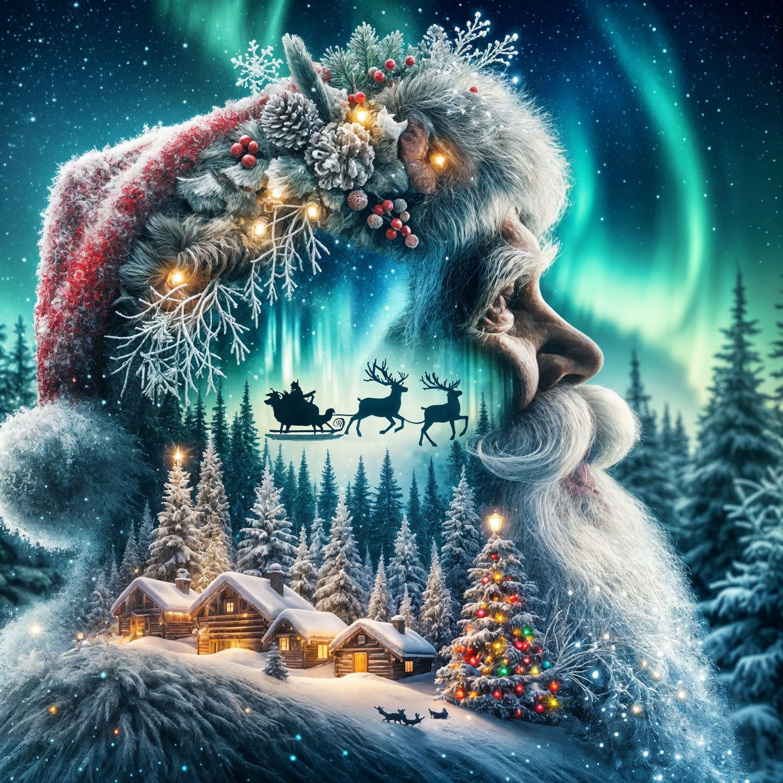 Santa Claus Double Exposure with Aurora Borealis