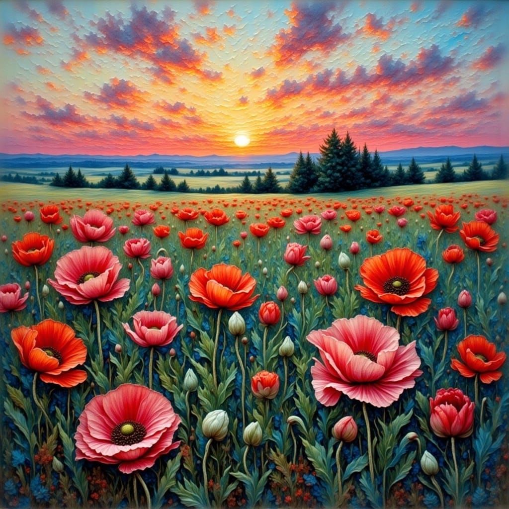 Vibrant Poppies in Pink Evening Light, Impasto Style