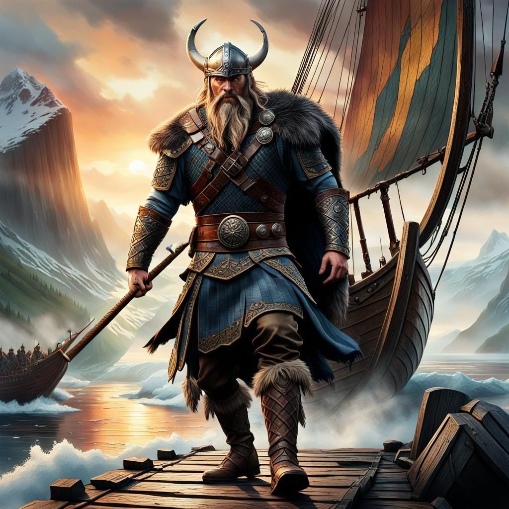 Viking Warrior Disembarking: Hyperrealistic Splash Art