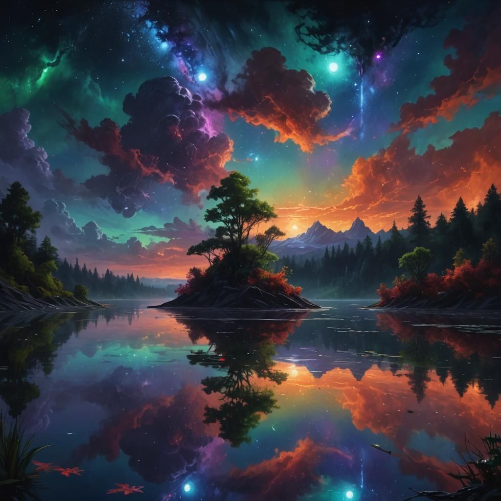 Night Lake Reflections: Hyperrealistic Galaxy Landscape