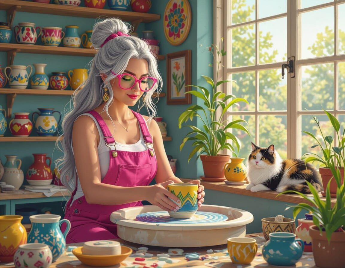 Woman in Pink Overalls at Pottery Wheel, Vibrant Studio