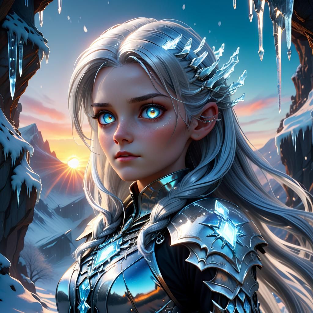 A detailed. Hyper realistic. Perfect anatomy. Beautiful, eleven maiden. With glowing silver eyes, silver hair, and weari...