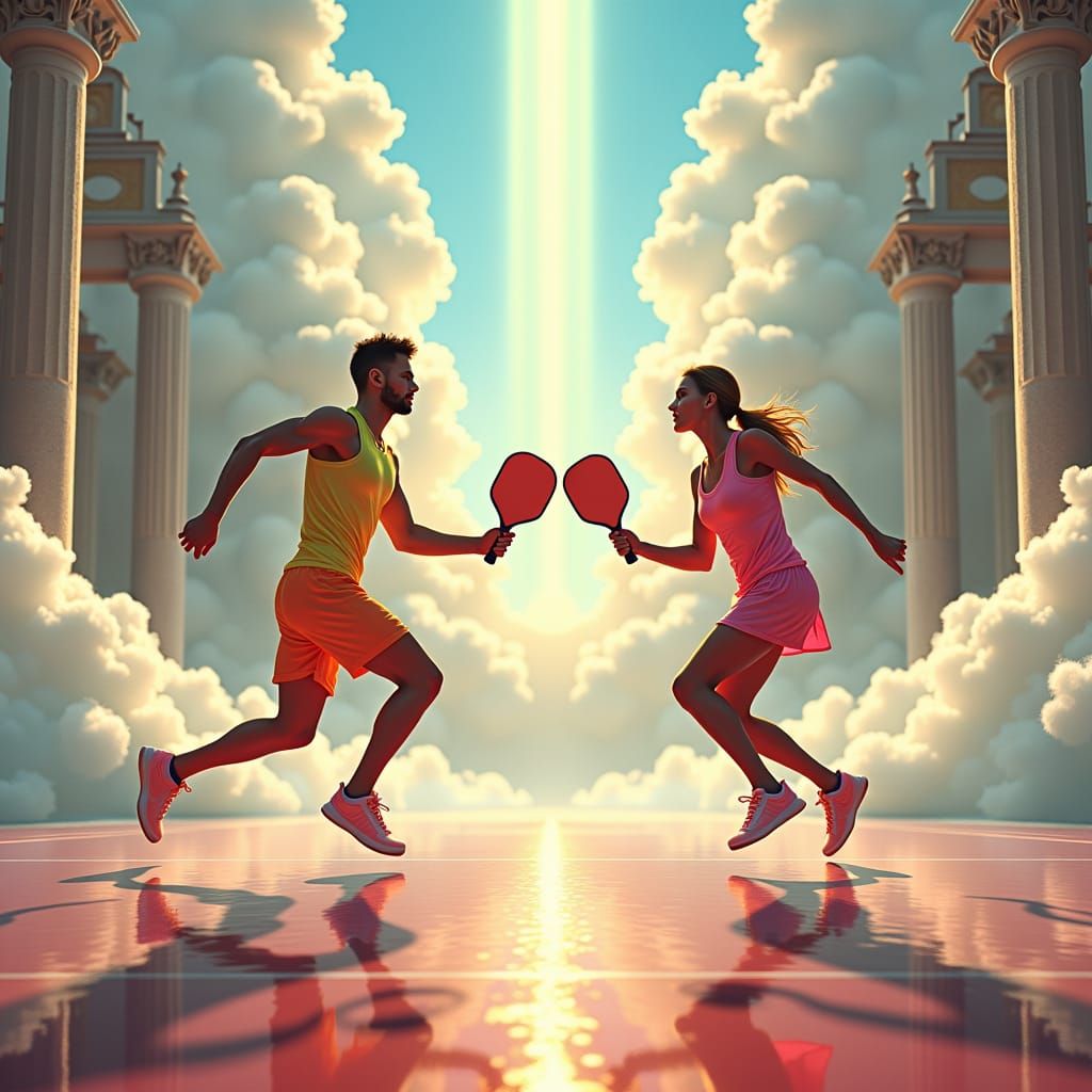 Heavenly Pickleball Match in Hyperrealistic Style