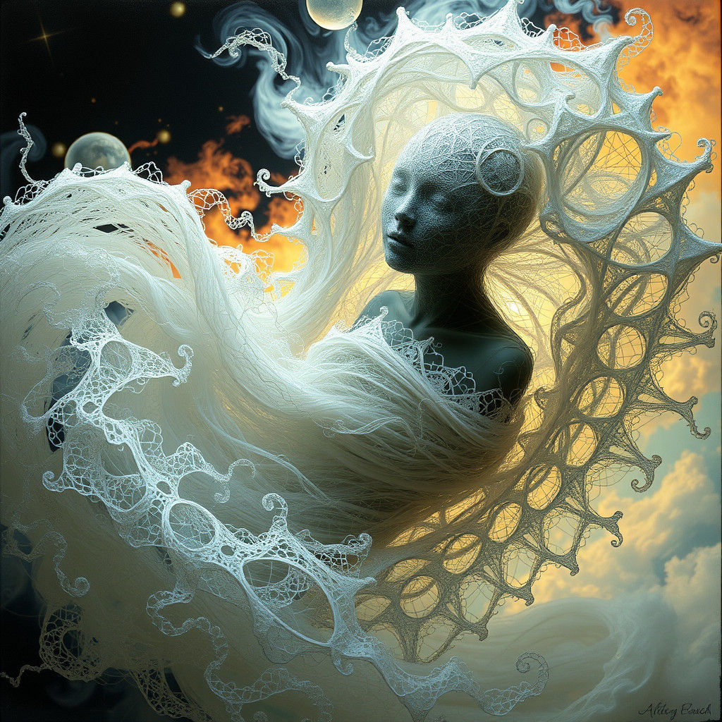 Filigree Wrapped Faceless Entity in Dreamlike State