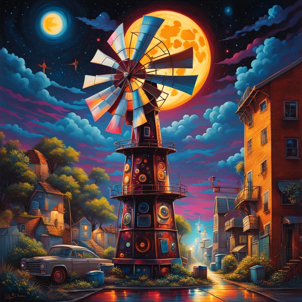 Robot Windmill at Night in Graffiti Art Style
