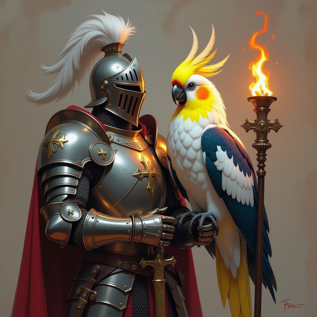 Knight Holds Cockatiel-Headed Griffin in Fantasy Art