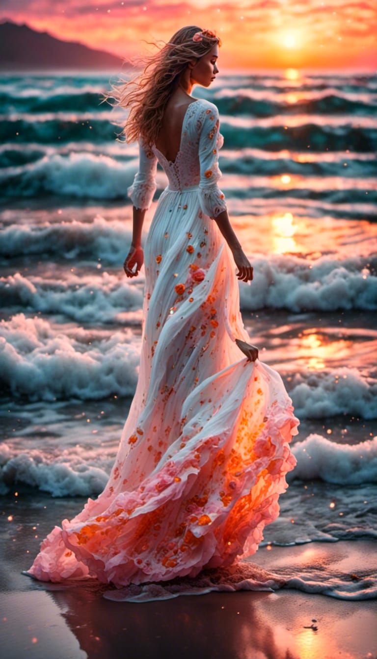 Watercolor Woman on Beach at Sunset