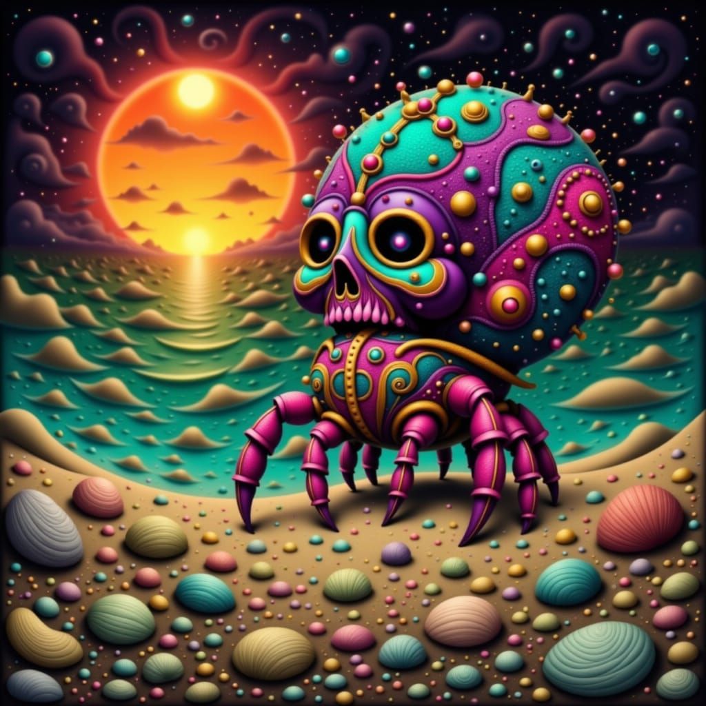 Psychedelic Skull Shell Hermit Crab on Beach