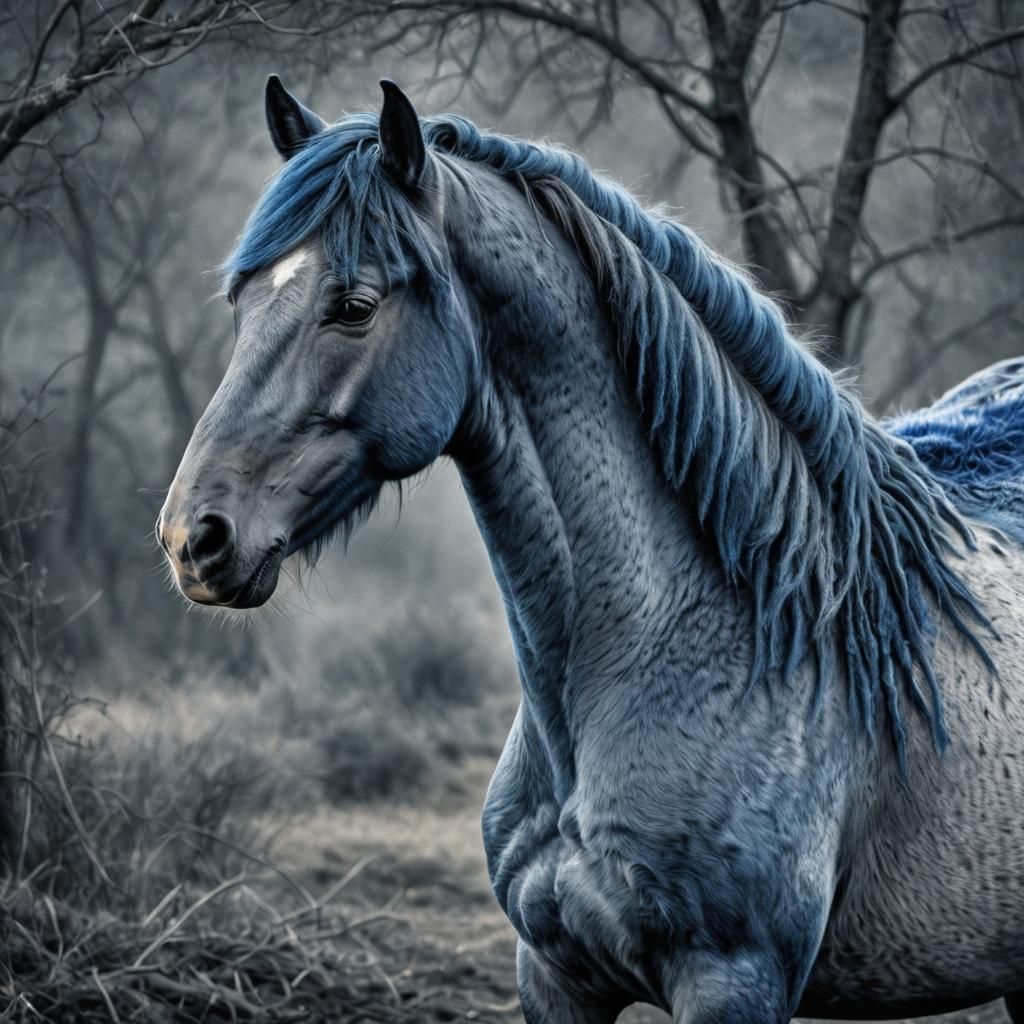Hyperrealistic Blue Horse in Cinematic Composition