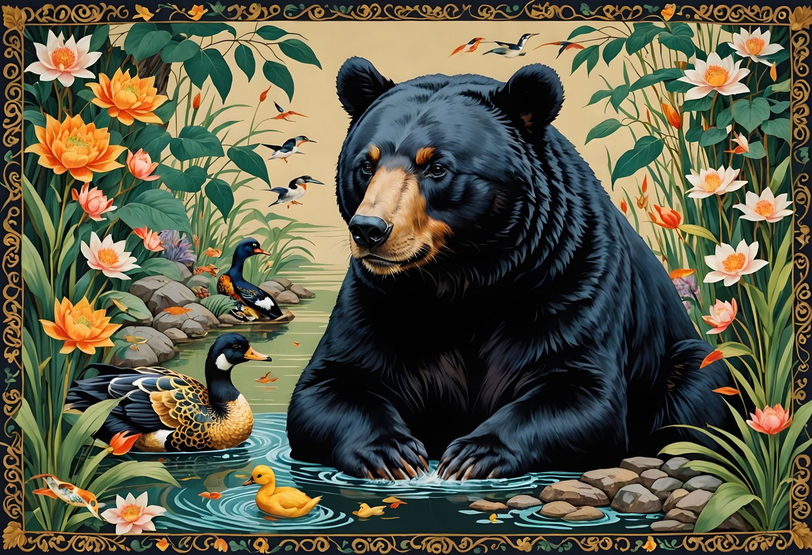 Surreal Tapestry with Eastern Black Bear, Duck, Cranes, and...