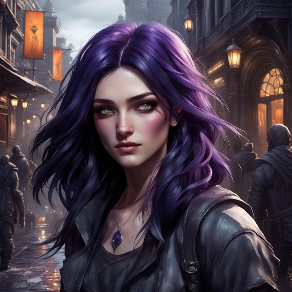 Purple Haired Woman in Dark Fantasy City