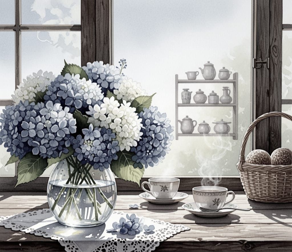 Watercolor Hydrangeas in Morning Light