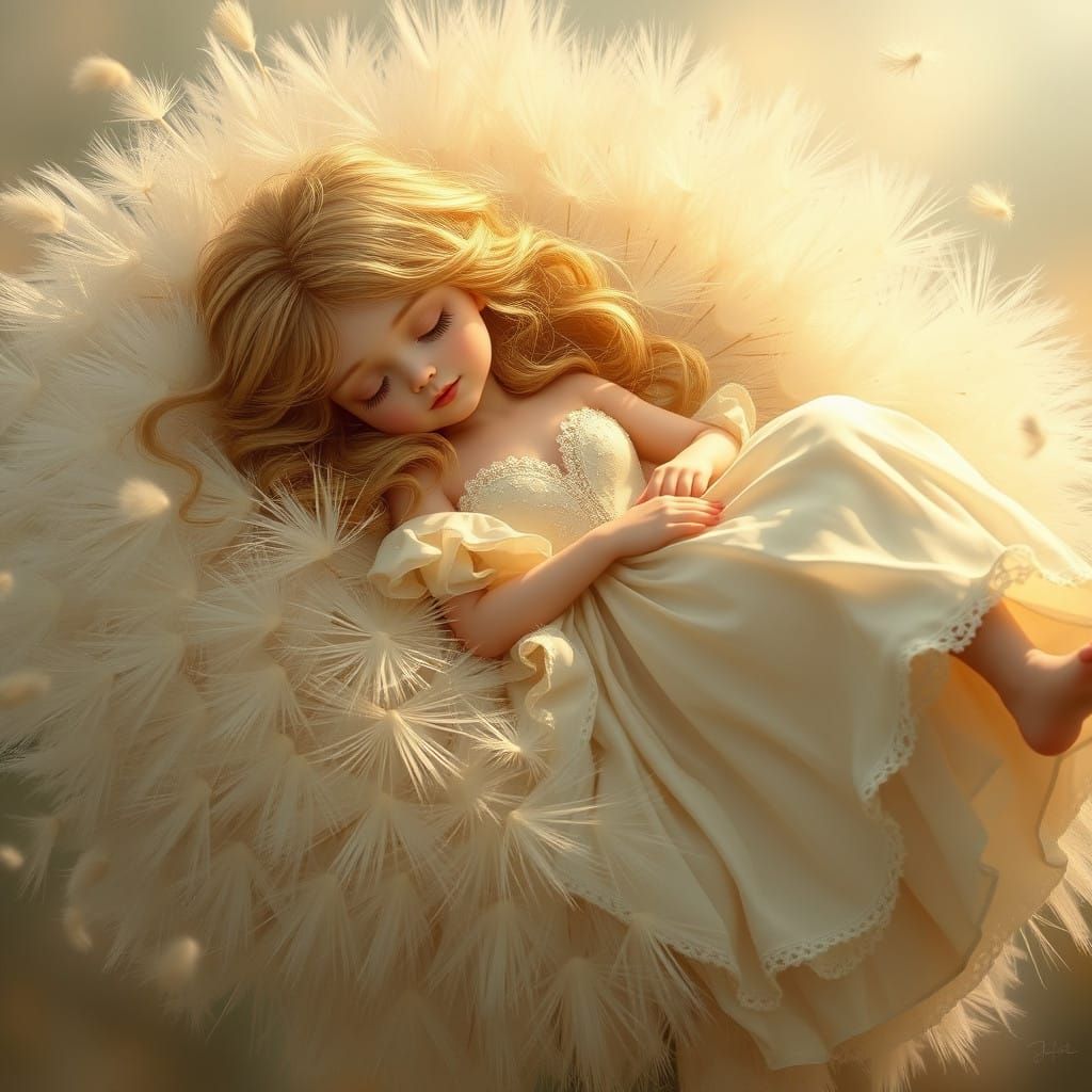 Serene Woman Amidst a Majestic Dandelion in Whimsical Realis...