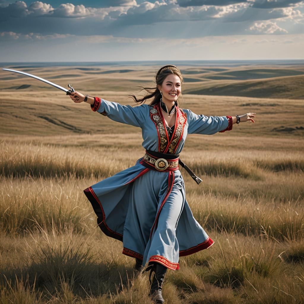 Cossack Girl Dancing with Sabers in Steppe Landscape