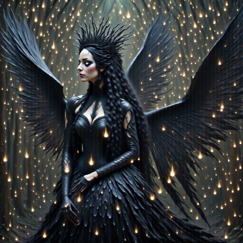 Queen of Crows with Feather Crown and Gold Eyes