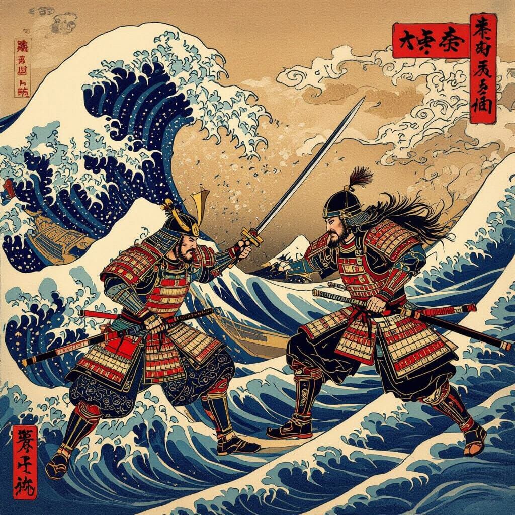 A surreal japanese ukiyo-e woodblock print depicting samurai...