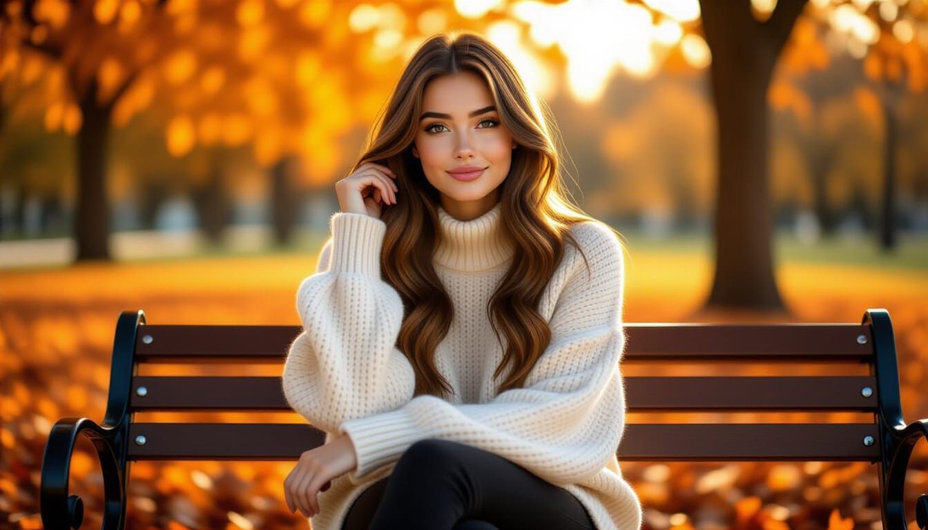Young Woman on Autumn Park Bench in Golden Hour Light