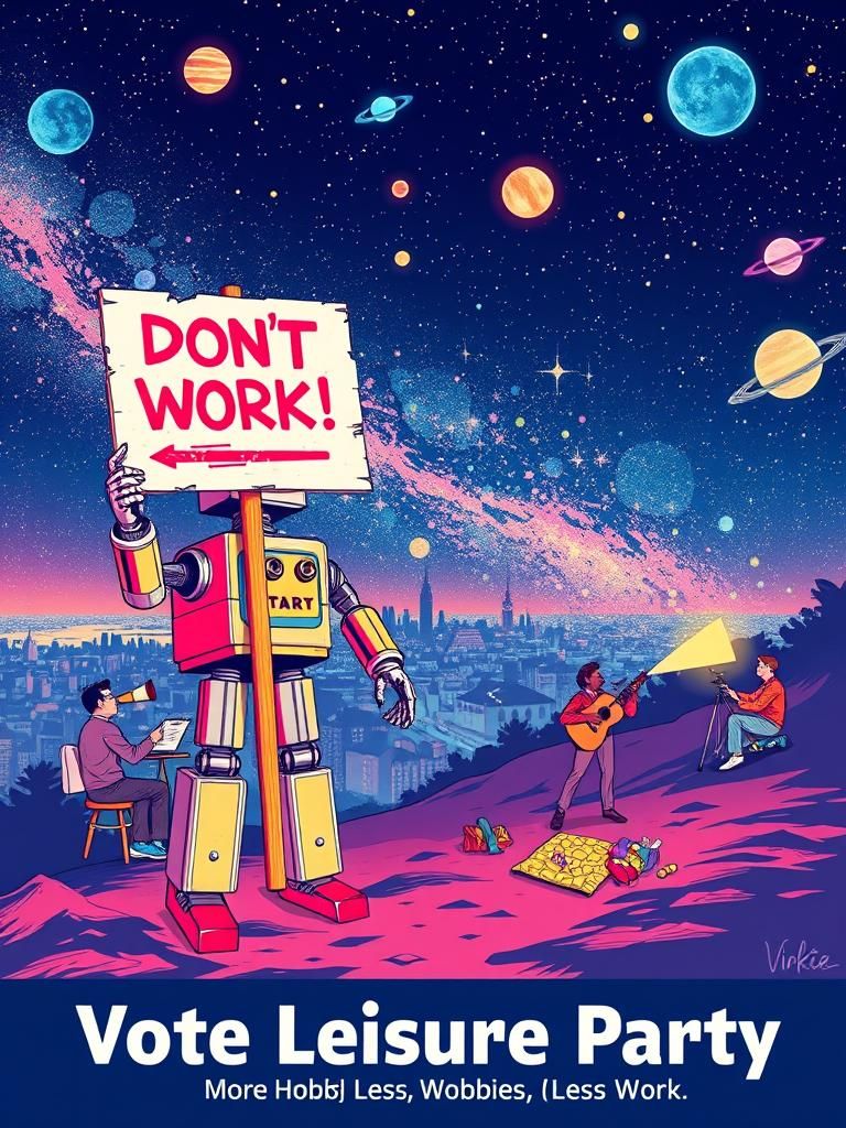 1960s Election Poster: Robot Promotes Leisure in Psychedelic...