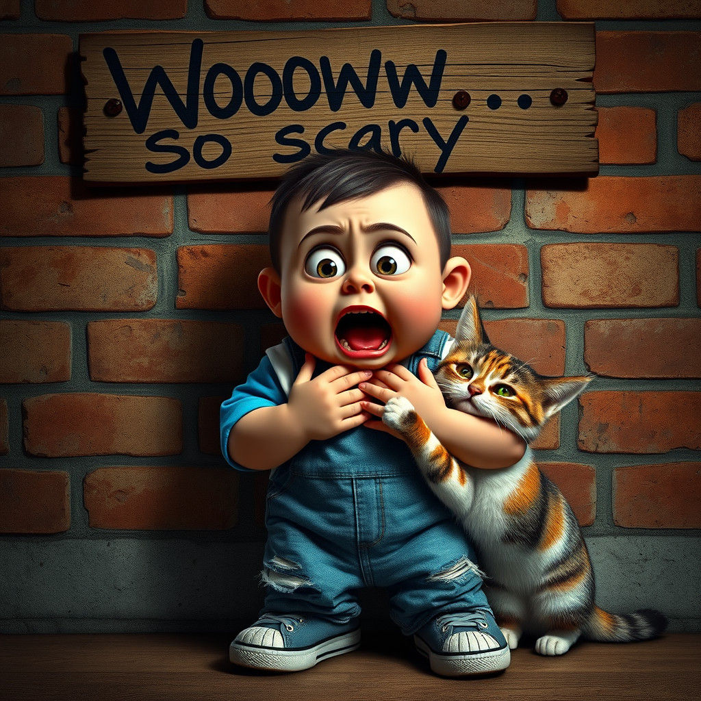 Terrified Boy and Calm Cat in Digital Art Style