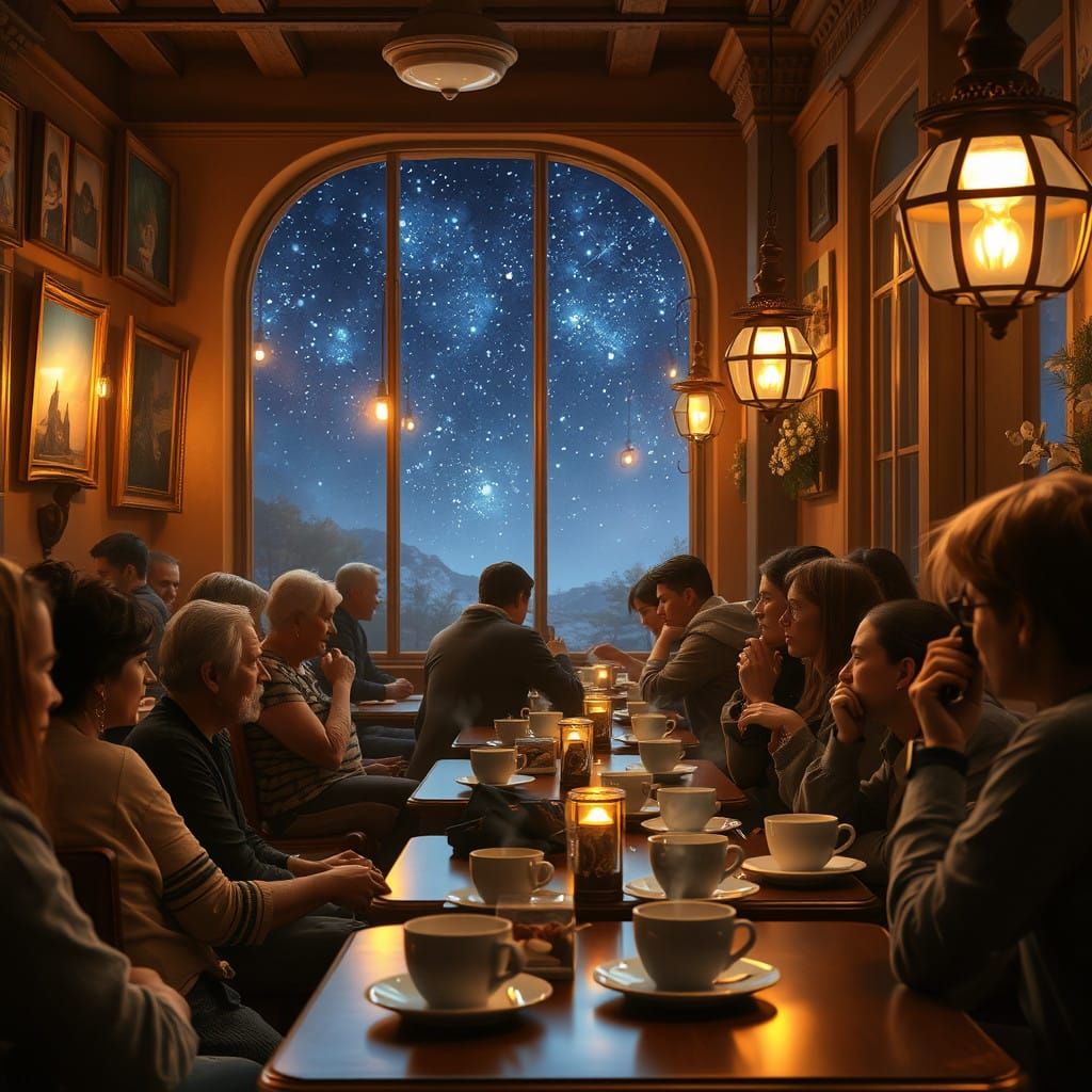 Cozy Cafe Scene in Whimsical, Fantasy-Inspired Style