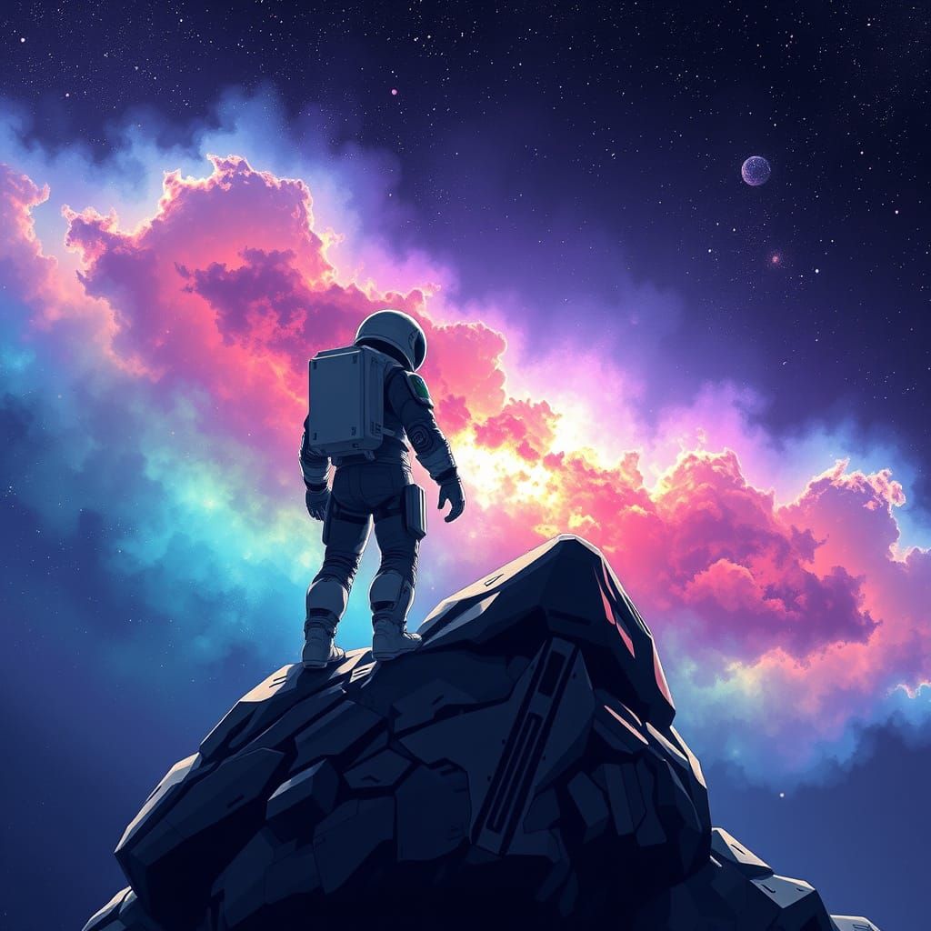 Cosmic Astronaut Gazing at Vibrant Nebula in Deep Space