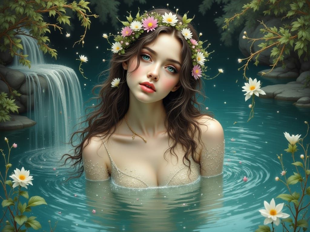 Ethereal Water Nymph Portrait in Pre-Raphaelite Style