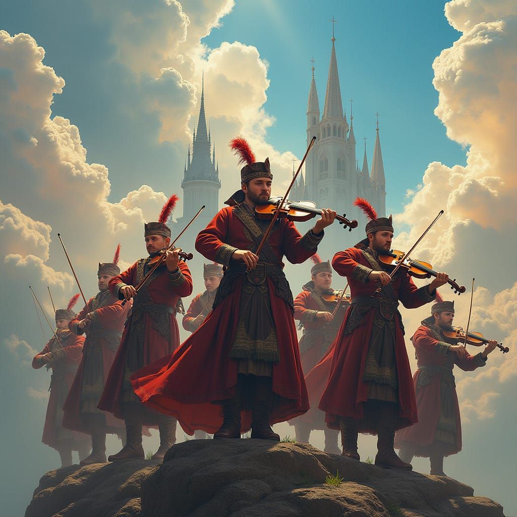 Regally Attired Pipers in Majestic Dreamscapes