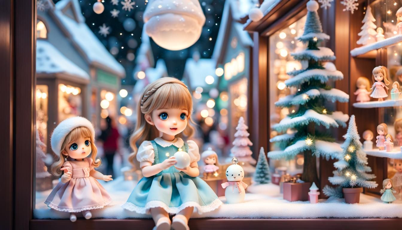 Chibi Girl and Porcelain Doll in Christmas Window