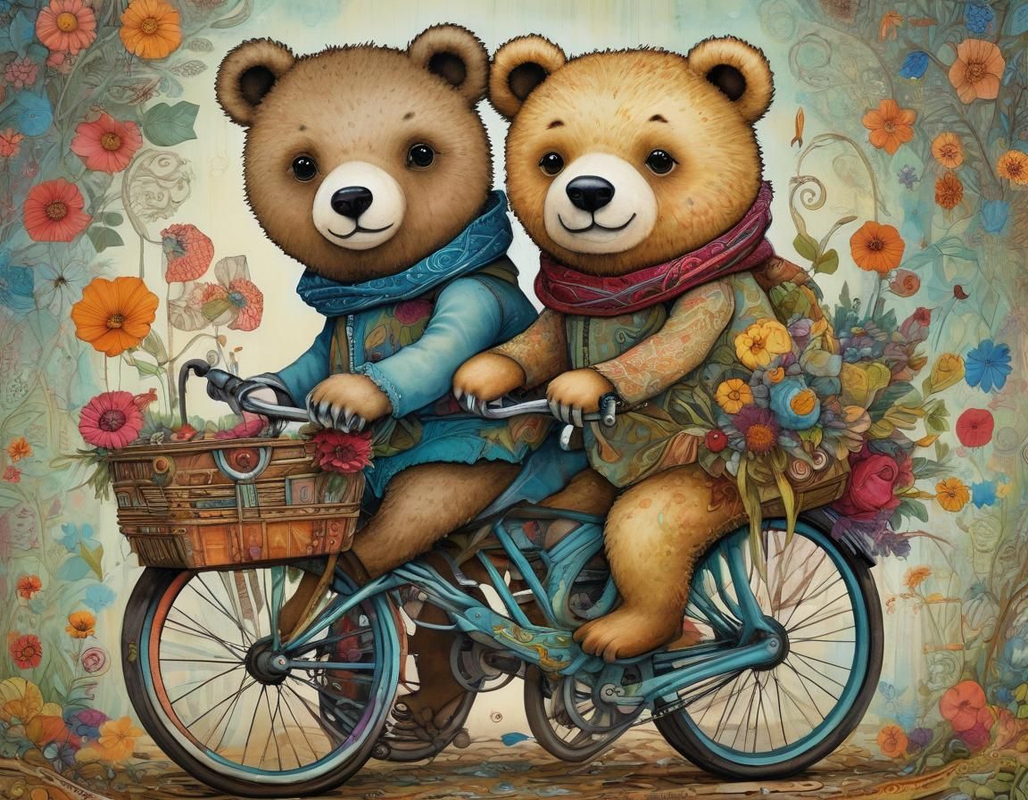 Charming Teddy Bear Duo Ride a Colorful Bike in Storybook St...