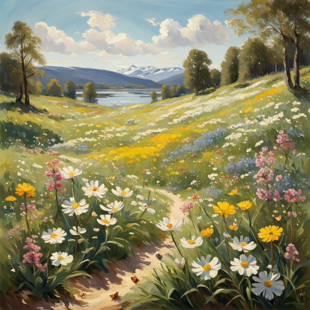 Idyllic Norwegian Wildflower Meadow in Oil Painting Style