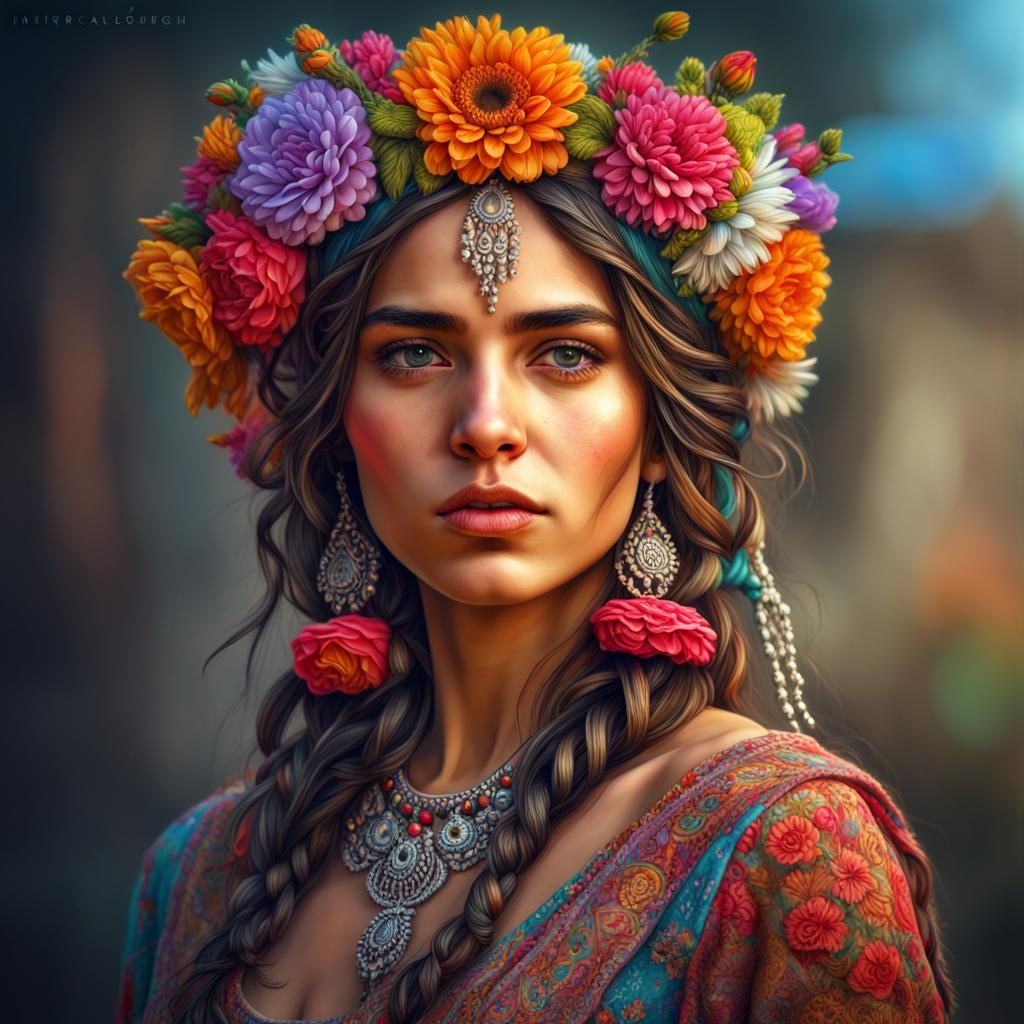 Beautiful Gipsy Girl Portrait in Hyperrealistic Style